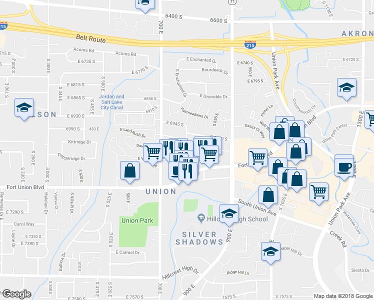 map of restaurants, bars, coffee shops, grocery stores, and more near 761 East Gables Lane in Midvale
