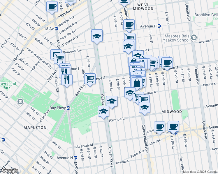 map of restaurants, bars, coffee shops, grocery stores, and more near 1053 Ocean Parkway in Brooklyn