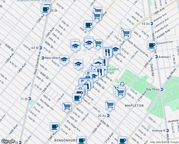 map of restaurants, bars, coffee shops, grocery stores, and more near 1758 59th Street in Brooklyn