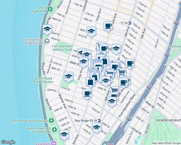 map of restaurants, bars, coffee shops, grocery stores, and more near 248 87th Street in Brooklyn