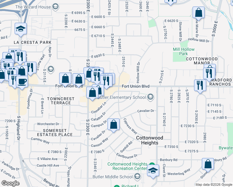 map of restaurants, bars, coffee shops, grocery stores, and more near 7053 Promenade Drive in Cottonwood Heights