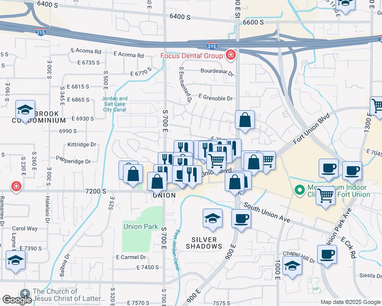 map of restaurants, bars, coffee shops, grocery stores, and more near 761 East Gables Lane in Midvale