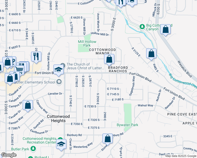 map of restaurants, bars, coffee shops, grocery stores, and more near 7046 South 2955 East in Cottonwood Heights