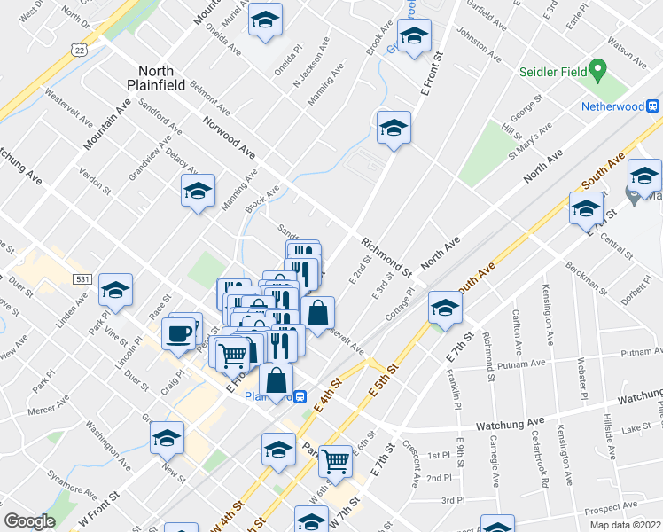 map of restaurants, bars, coffee shops, grocery stores, and more near 400 East Front Street in Plainfield