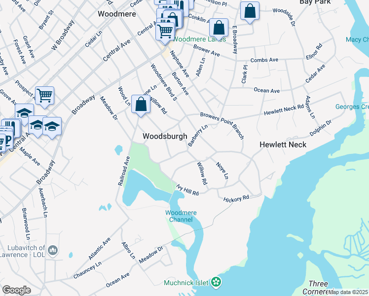 map of restaurants, bars, coffee shops, grocery stores, and more near 830 Barberry Lane in Woodmere
