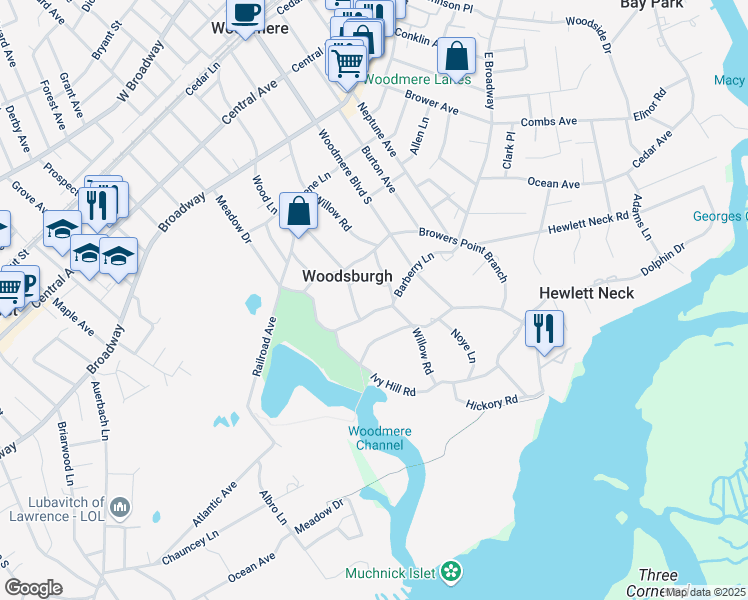 map of restaurants, bars, coffee shops, grocery stores, and more near 830 Barberry Lane in Woodmere