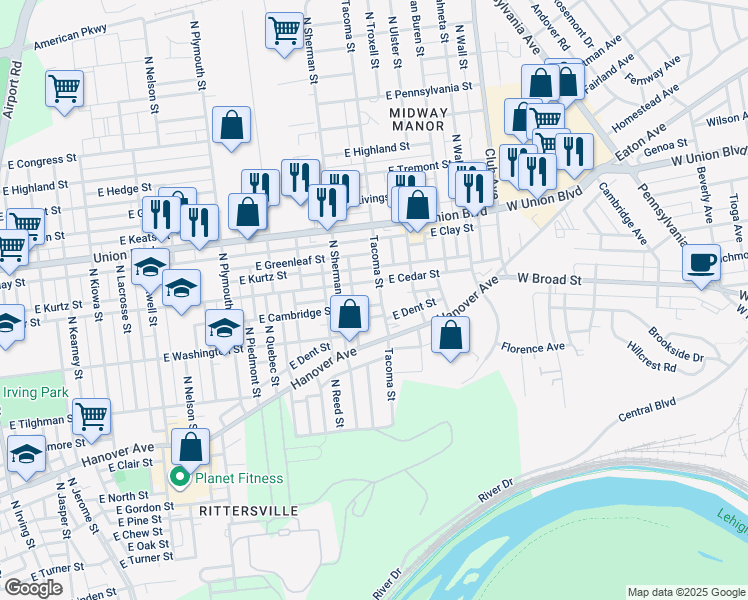 map of restaurants, bars, coffee shops, grocery stores, and more near 828 Tacoma Street in Allentown