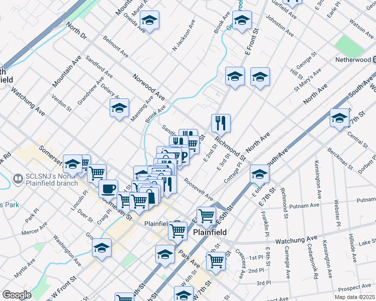 map of restaurants, bars, coffee shops, grocery stores, and more near 335 East Front Street in Plainfield