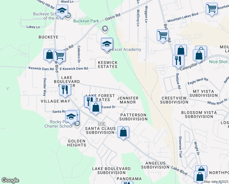 map of restaurants, bars, coffee shops, grocery stores, and more near 3687 Magnums Way in Redding