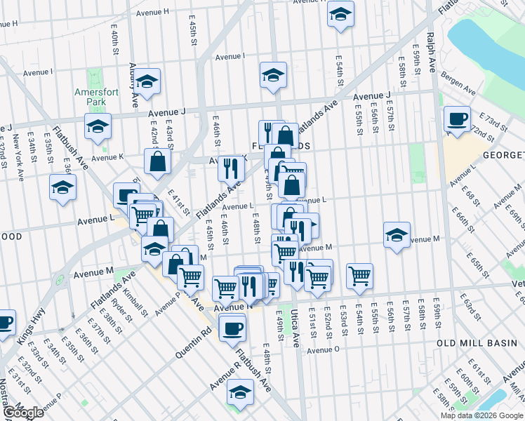 map of restaurants, bars, coffee shops, grocery stores, and more near 1539 East 48th Street in Brooklyn
