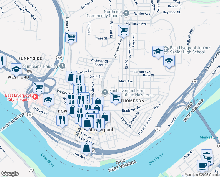 map of restaurants, bars, coffee shops, grocery stores, and more near 737 Sophia Street in East Liverpool