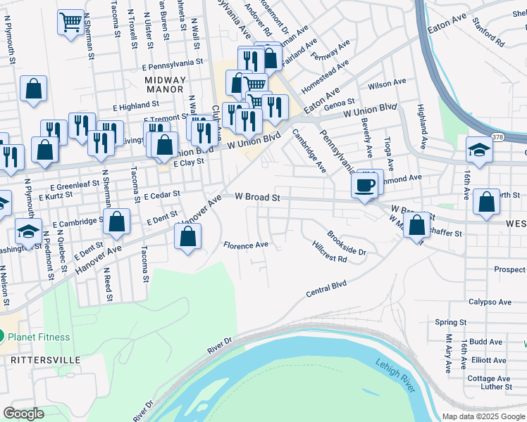 map of restaurants, bars, coffee shops, grocery stores, and more near 506 Grandview Boulevard in Bethlehem