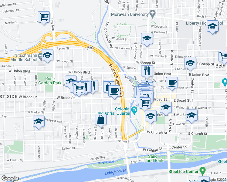map of restaurants, bars, coffee shops, grocery stores, and more near 626 2nd Avenue in Bethlehem