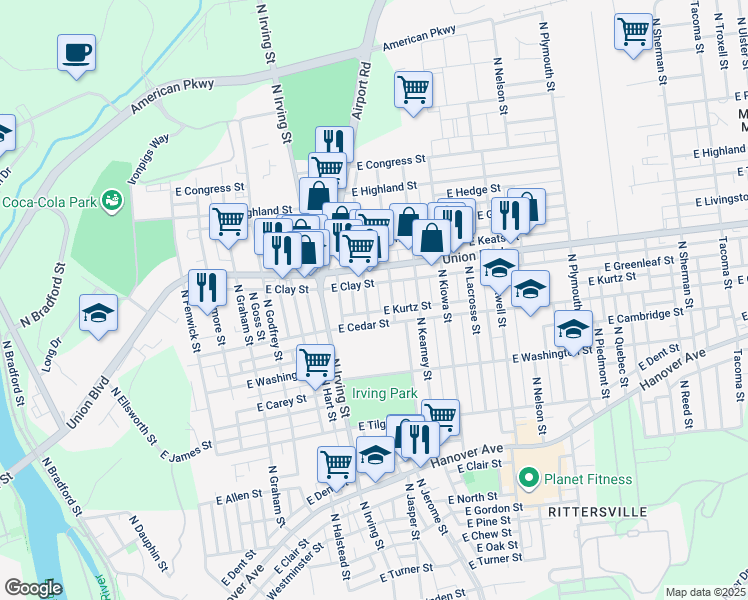 map of restaurants, bars, coffee shops, grocery stores, and more near 857 North Jasper Street in Allentown
