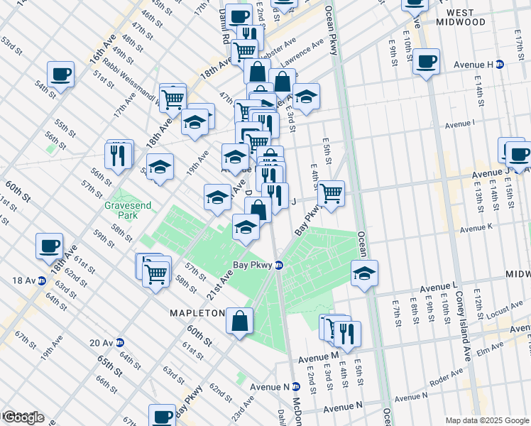 map of restaurants, bars, coffee shops, grocery stores, and more near 1235 McDonald Avenue in Brooklyn