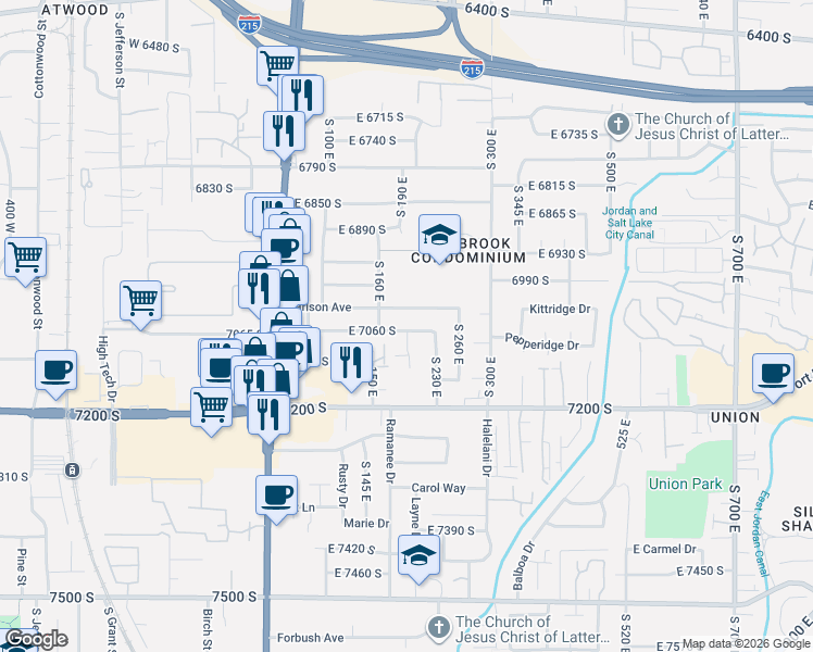 map of restaurants, bars, coffee shops, grocery stores, and more near 195 East 7060 South in Midvale
