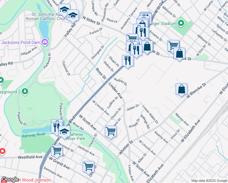 map of restaurants, bars, coffee shops, grocery stores, and more near 716 Linden Avenue in Rahway