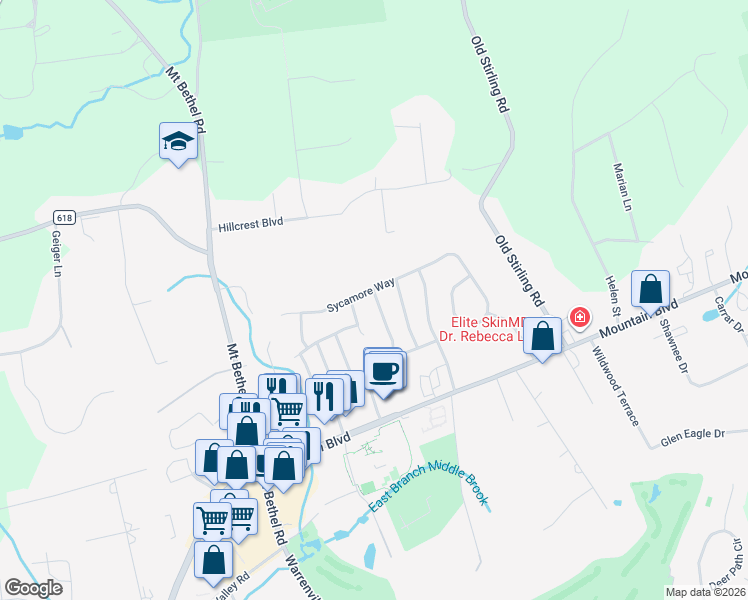 map of restaurants, bars, coffee shops, grocery stores, and more near 35 Primrose Way in Warren