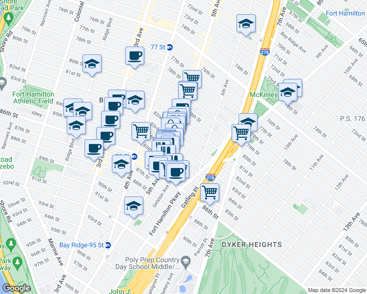 map of restaurants, bars, coffee shops, grocery stores, and more near 529 83rd Street in Brooklyn