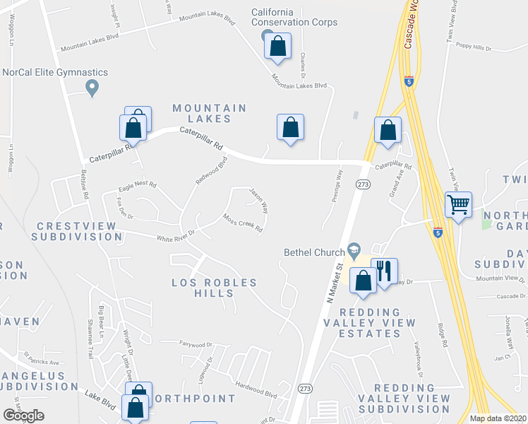 map of restaurants, bars, coffee shops, grocery stores, and more near 1151 Jaxon Way in Redding