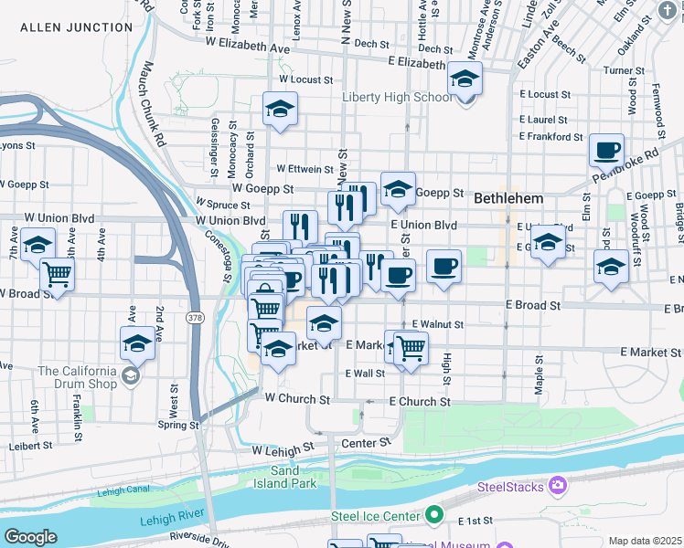 map of restaurants, bars, coffee shops, grocery stores, and more near 640 North New Street in Bethlehem