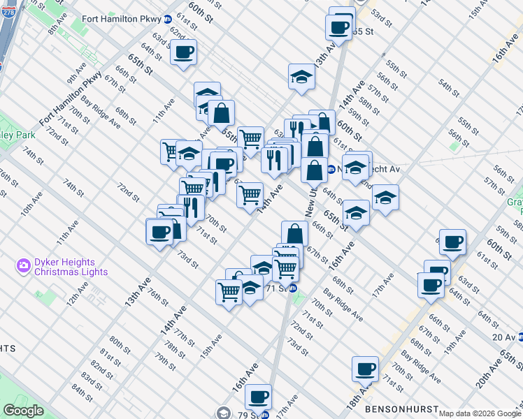 map of restaurants, bars, coffee shops, grocery stores, and more near 6711 14th Avenue in Brooklyn