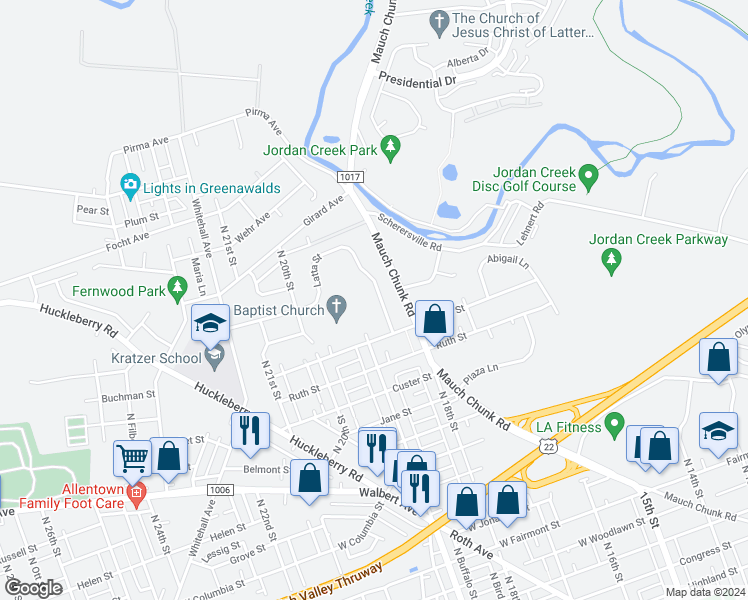 map of restaurants, bars, coffee shops, grocery stores, and more near 1832 Latta Street in Allentown