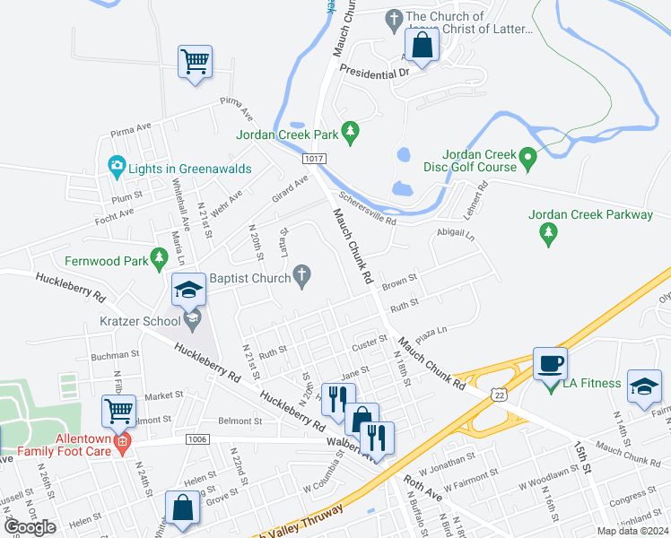 map of restaurants, bars, coffee shops, grocery stores, and more near 1832 Latta Street in Allentown