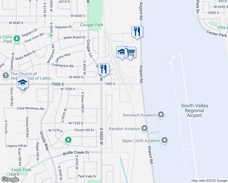 map of restaurants, bars, coffee shops, grocery stores, and more near 4729 Thorndale Way in West Jordan
