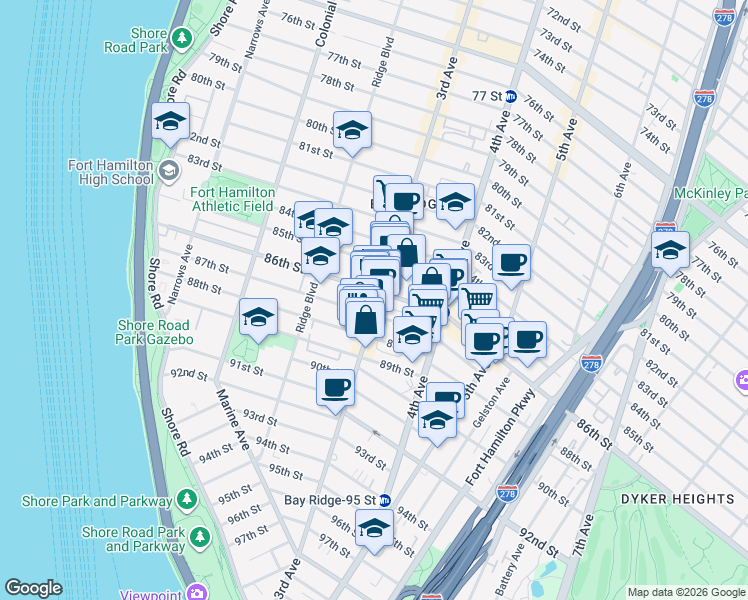 map of restaurants, bars, coffee shops, grocery stores, and more near 8608 3rd Avenue in Brooklyn