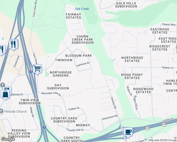 map of restaurants, bars, coffee shops, grocery stores, and more near 5849 Norwich Ct in Redding