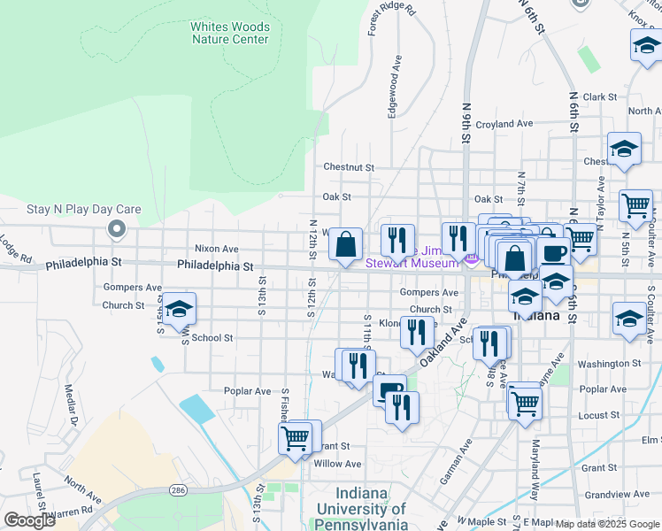 map of restaurants, bars, coffee shops, grocery stores, and more near 1165 Philadelphia Street in Indiana