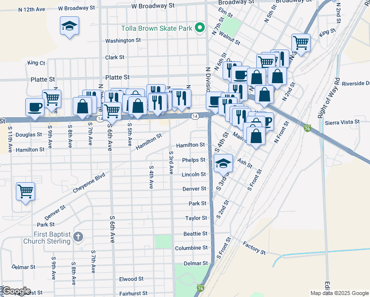 map of restaurants, bars, coffee shops, grocery stores, and more near 207 Hamilton Street in Sterling