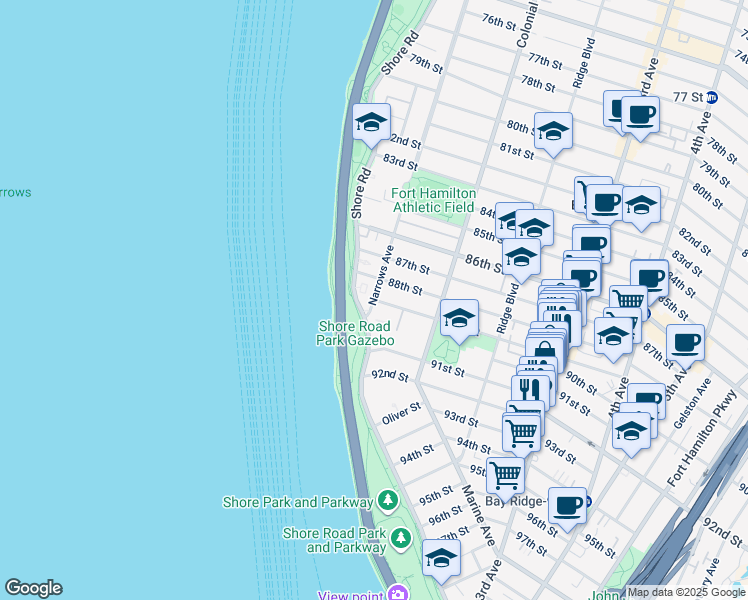 map of restaurants, bars, coffee shops, grocery stores, and more near 8901 Narrows Avenue in Brooklyn