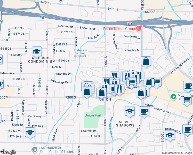 map of restaurants, bars, coffee shops, grocery stores, and more near 636 Downing Street in Midvale