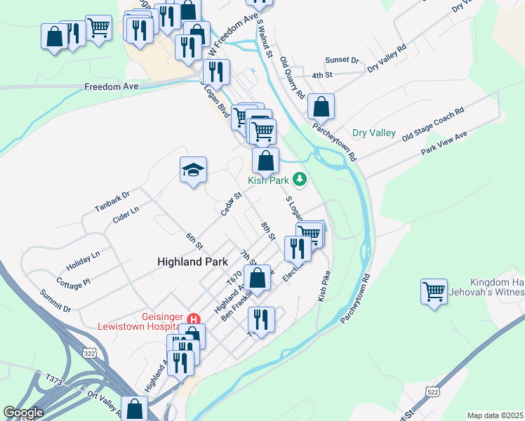 map of restaurants, bars, coffee shops, grocery stores, and more near 216 8th Street in Lewistown