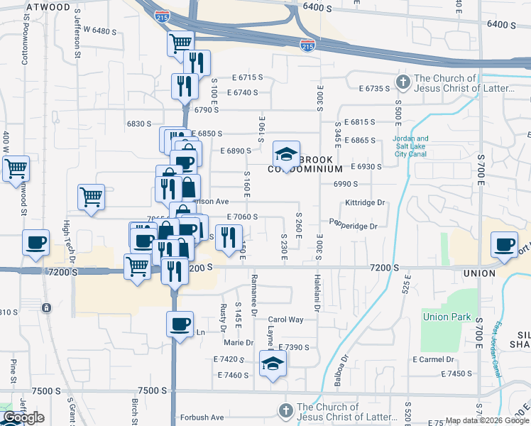map of restaurants, bars, coffee shops, grocery stores, and more near 195 East 7060 South in Midvale