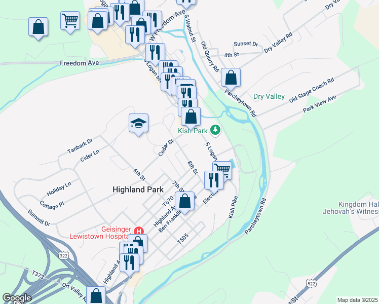 map of restaurants, bars, coffee shops, grocery stores, and more near 216 8th Street in Lewistown