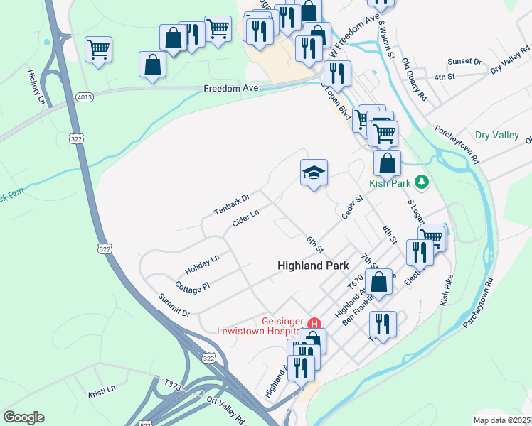 map of restaurants, bars, coffee shops, grocery stores, and more near 207 Cider Lane in Lewistown
