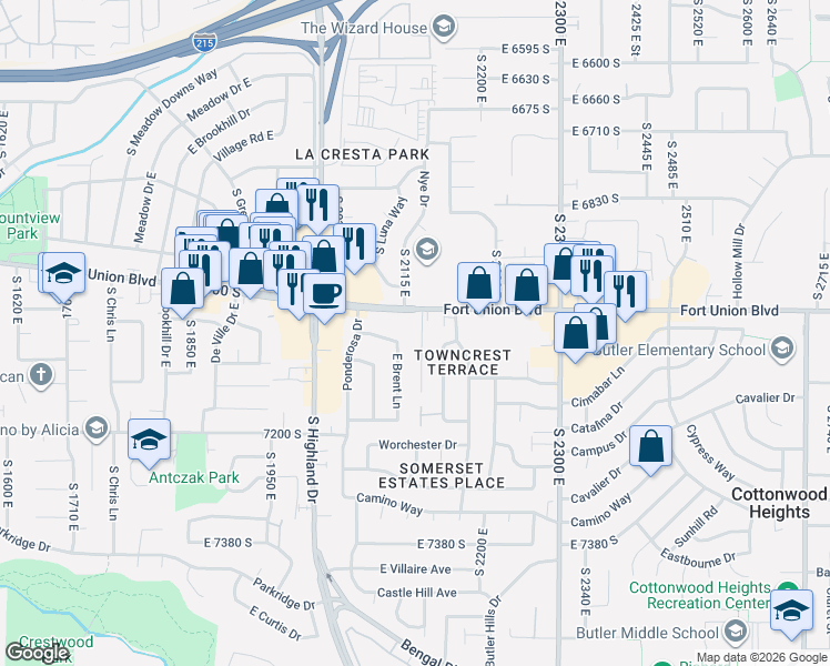 map of restaurants, bars, coffee shops, grocery stores, and more near in Cottonwood Heights