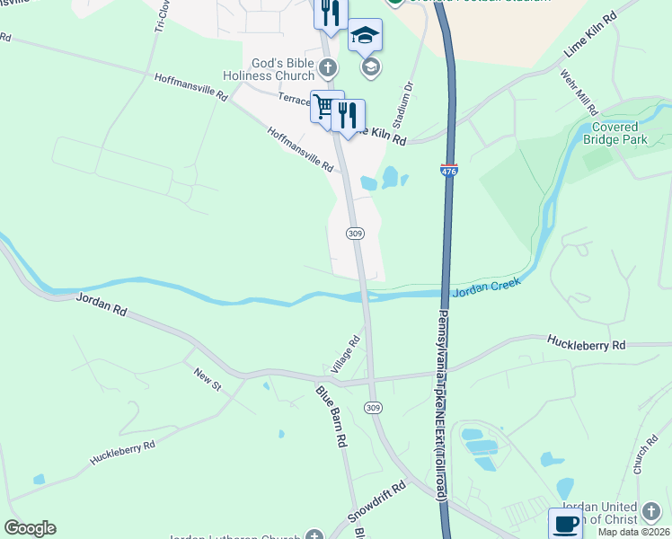 map of restaurants, bars, coffee shops, grocery stores, and more near 2329 Dublin Road in Lehigh County
