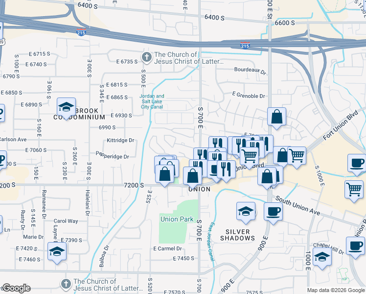 map of restaurants, bars, coffee shops, grocery stores, and more near 667 Fort Union Boulevard in Midvale