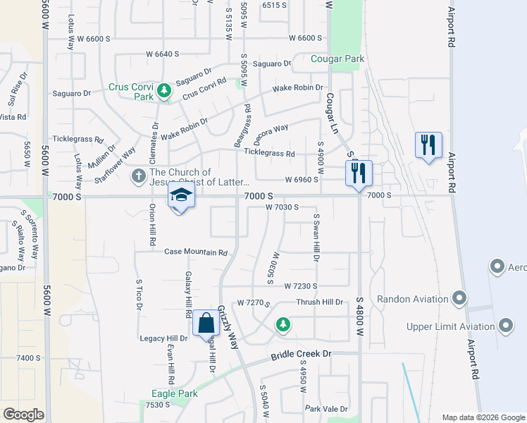 map of restaurants, bars, coffee shops, grocery stores, and more near 7068 South 5050 West in West Jordan