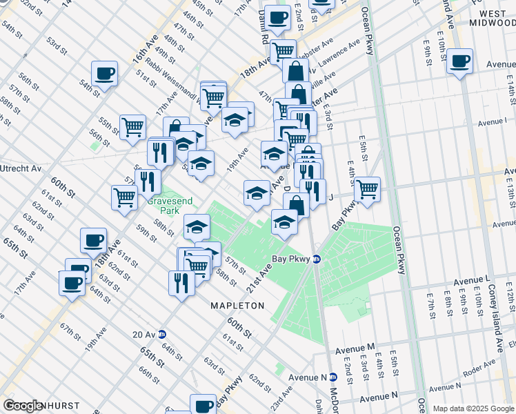 map of restaurants, bars, coffee shops, grocery stores, and more near 5301 20th Avenue in Brooklyn
