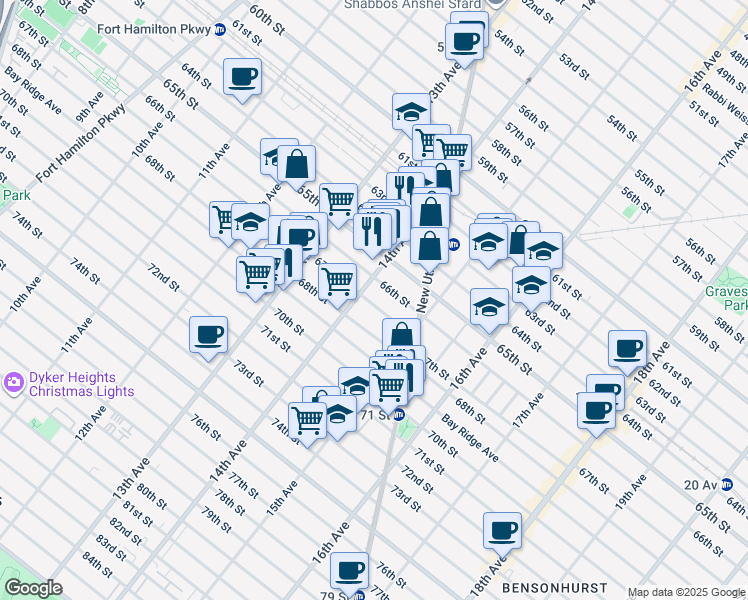 map of restaurants, bars, coffee shops, grocery stores, and more near 1431 67th Street in Brooklyn