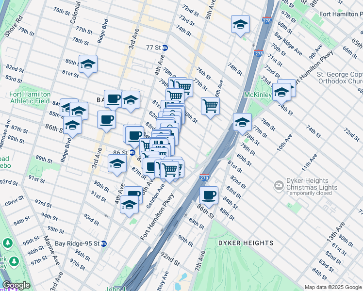 map of restaurants, bars, coffee shops, grocery stores, and more near 551 83rd Street in Brooklyn