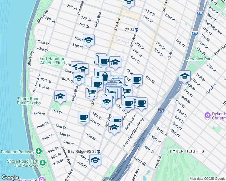 map of restaurants, bars, coffee shops, grocery stores, and more near 151 86th Street in Brooklyn