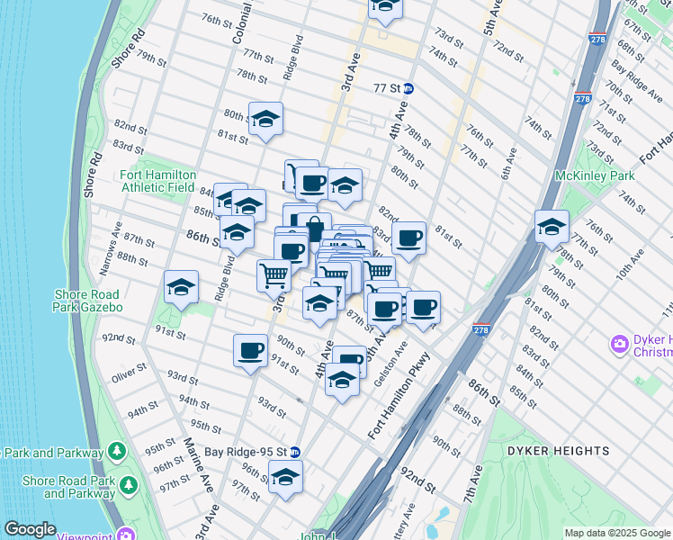 map of restaurants, bars, coffee shops, grocery stores, and more near 151 86th Street in Brooklyn