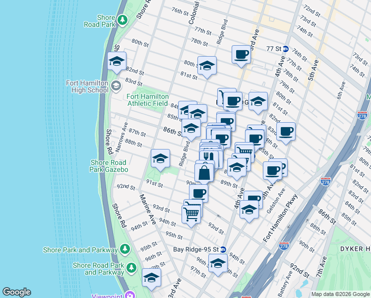 map of restaurants, bars, coffee shops, grocery stores, and more near 8601 Ridge Boulevard in Brooklyn