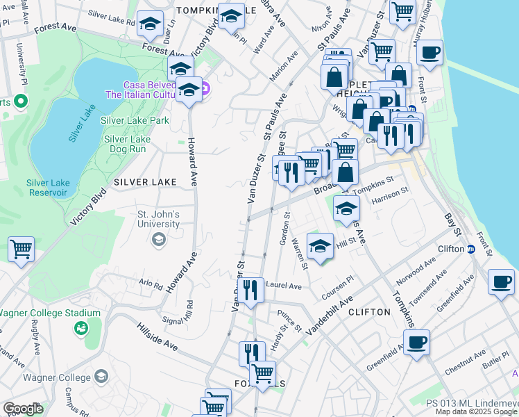 map of restaurants, bars, coffee shops, grocery stores, and more near 321 Broad Street in Staten Island